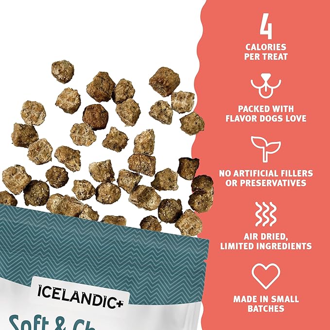 Icelandic+ Soft & Chewy Bites - Salmon, Cranberry & Kelp - 2.8oz Dog Treats, 70% Meat & Fruit, Air-Dried, Limited Ingredients, Pet Snack, Grain Free