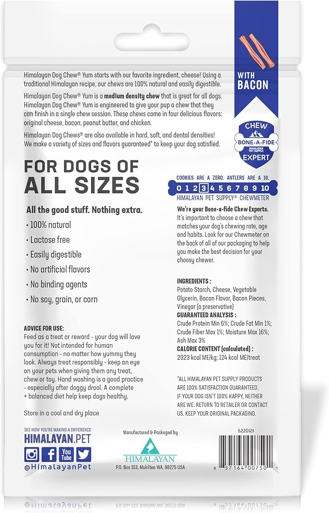 Himalayan Dog Chew Yak Cheese Dog Chews, Lactose Free & Grain Free, USA Made, For All Dog Breeds, Medium Density Cheese Chew, Resealable Pouch with 3 YUM Treats, Bacon Flavor