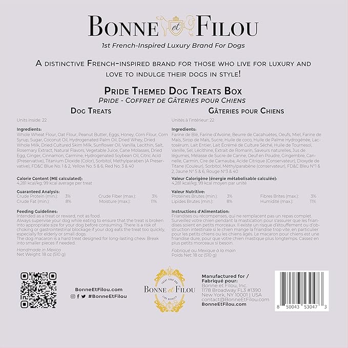 Bonne et Filou Dog Treats Gift Box Pride Themed Human Grade Gourmet 22 Luxury Treats with Dog Macarons, Truffles & Bone Cookies Healthy Snacksfor Small to Large Breeds (22 Count)