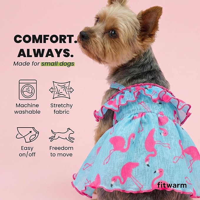 Fitwarm Flamingo Dog Dress: Summer Ruffled Hawaiian Dog Sundress, Pet Outfit - Blue, Pink, Small