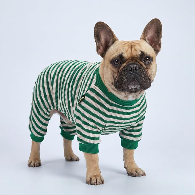 Fitwarm Green and White Striped Dog Pajamas, Waffle Dog Clothes for Small Dogs Girl Boy, Puppy Onesie with Feet, Pet Cat Outfit, XXL