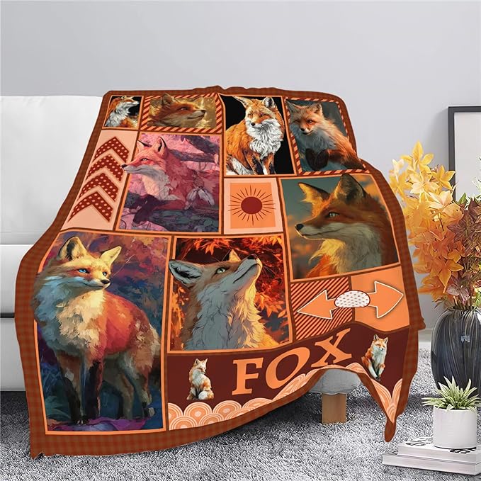 Fox Throw Blanket Orange Fox Stuff Gifts for Kids Girls Boys Adults Women Men Soft Cozy Warm Plush Fluffy Fuzzy Fleece Blanket Decor 50''X60''