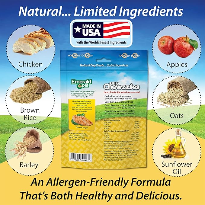 Emerald Pet Little Chewzzies Wheat Free Training Dog Treats — Healthy and Tasty Natural Dog Chews with Real Meat or Peanut Butter — Limited Ingredient Dog Treats Made in The USA — Chicken, 5 oz