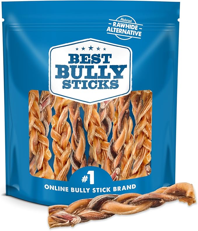 Best Bully Sticks Natural Braided Bully Sticks for Large Dogs - 6 Inch, 10 Count (Pack of 1) - 100% Free-Range Grass-Fed Beef, Single-Ingredient, Grain and Rawhide Free Long Lasting Dog Chews