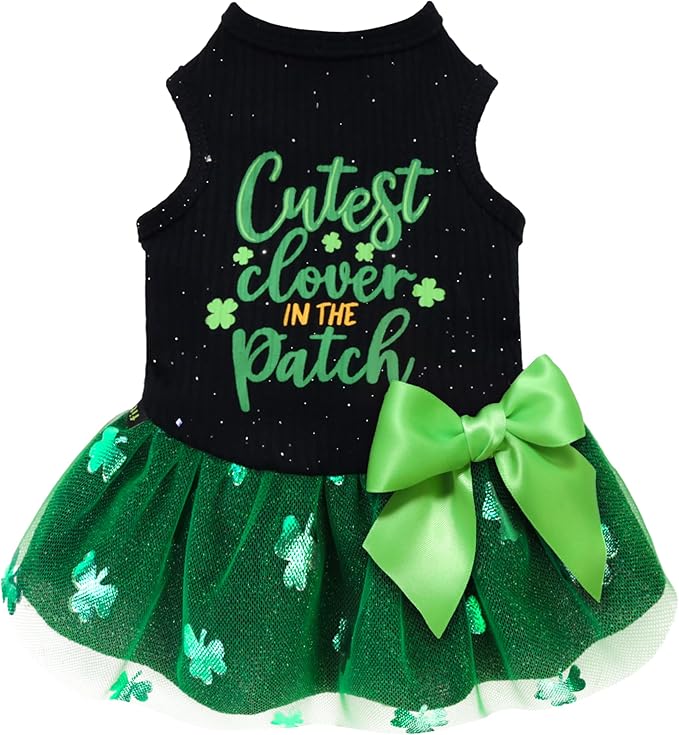 Fitwarm Cutest Clover in the Patch Dog Dress, St Patricks Day Dog Clothes for Small Dogs Girl, Funny Pet Cat Holiday Outfit, Black, Emerald Green, Small