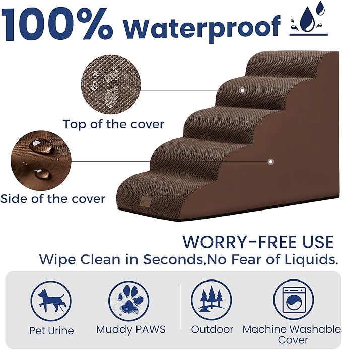 GoGoBunny Ramp Dog Stairs for High Beds 22.6" H, 5-Step Dog Slope Stairs with Durable Waterproof Fabric Cover, Pet Steps for Old Large Dogs Climbing, Non-Slip Sturdy Indoor Step, Brown