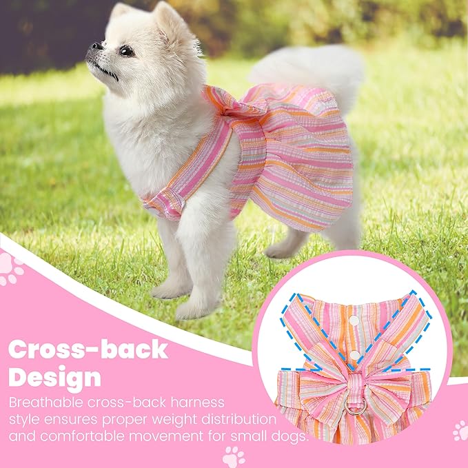 Pet Dog Harness Dress, Cute Striped Pattern with Bow, Princess Puppy Dresses with Button Closure, Summer Dog Clothes for Small Dogs Girl (Pink, Large)
