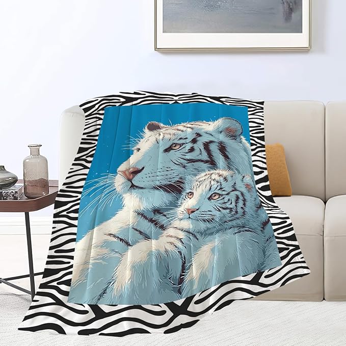 White Tiger Throw Blanket White Tiger Stuff Gifts for Kids Girls Boys Adults Women Men Soft Cozy Warm Plush Fluffy Fuzzy Fleece Blanket Decor 60''X80''