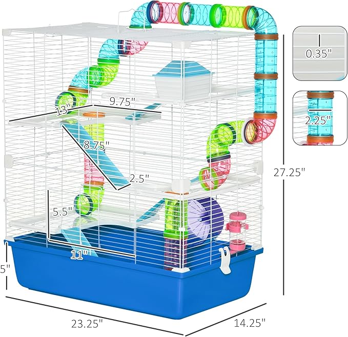 PawHut Extra Large 23" Hamster Cage with Tubes and Tunnels, Portable Carry Handles, Rat House and Habitats Big 5-Tier Design, Mouse Cage Includes Exercise Wheel, Water Bottle, Food Dish, Blue