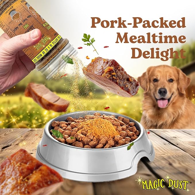 Wild Meadow Farms - Magic Dust Pork Jerky Topper, Single Protein Pet Food Topper for Dogs & Cats, Enhance Flavor & Elevate Mealtime Excitement for Picky Eaters - 8 Ounce Bottle in Pork Flavor