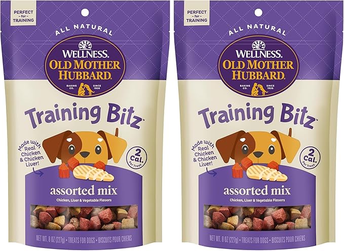 Old Mother Hubbard Wellness Training Bitz Assorted Mix Dog Biscuits,Natural,Training Treats,Three Flavors,Small Size,(8 Ounce Bag),(Pack of 2)