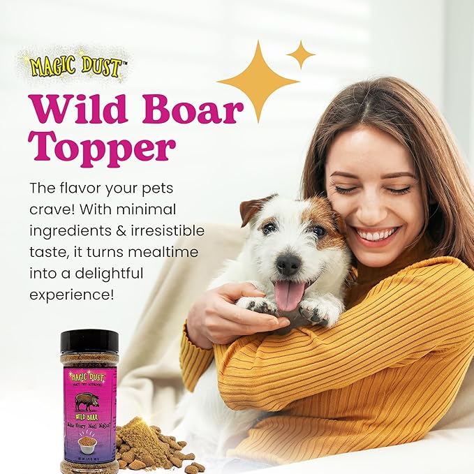 Wild Meadow Farms - Magic Dust Wild Boar Jerky Topper, Single Protein Pet Food Topper for Dogs & Cats, Enhance Flavor & Elevate Mealtime Excitement for Picky Eaters - 3.5oz Bottle in Wild Boar Flavor