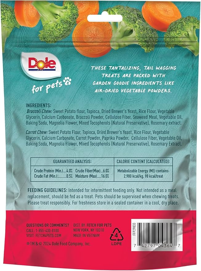 Dole for Pets Dog Chews, Assorted Broccoli + Carrot Vegetable-Flavored Treats, No Artificial Colors Flavors or Preservatives, No Wheat Corn Soy, Plant Based Dog Treats, 7.05 Oz Bag - 6 Pack
