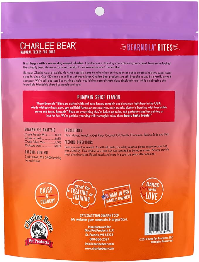 Charlee Bear Bearnola Bites Crunchy Dog Treats, Pumpkin Spice, 8 Ounce Resealable Bag, Limited Ingredient, Natural, Healthy Granola Dog Snacks, Made in USA