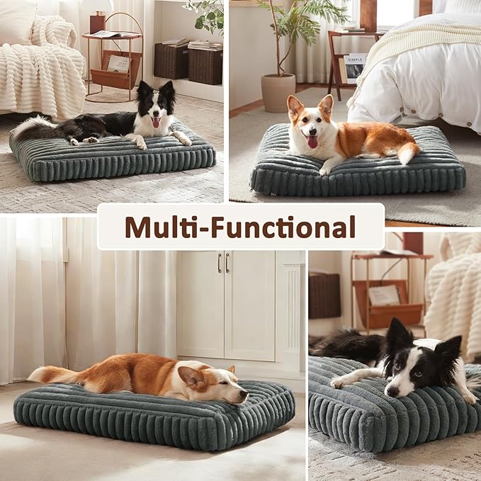 Dog Beds Large Sized Dog, Flat Pet Beds with Removable Washable Cover, Pet Mat Cute Pet Crate Bed Thick Shredded Chopped Crate Foam & Anti Slip Bottom for Indoor, 35"x23"x4" Grey