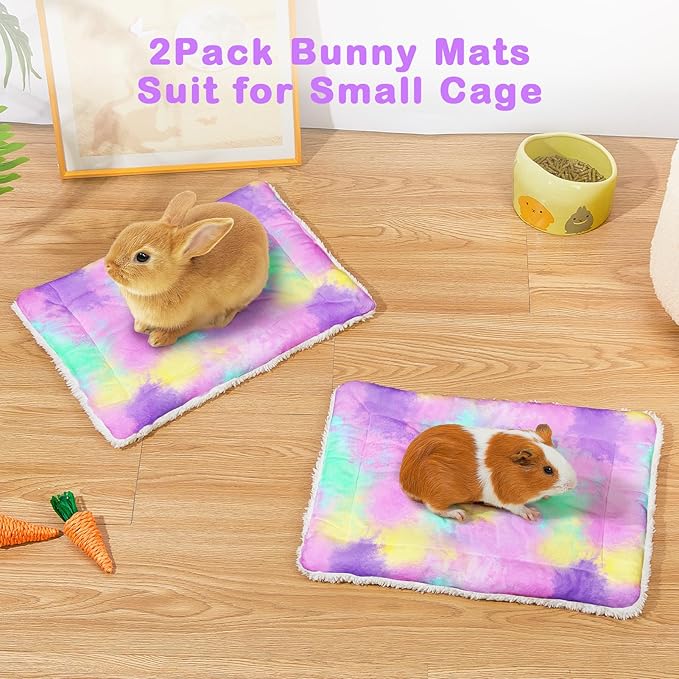 Glittme 2Pcs Bunny Bed Rabbit Bed for Indoor Cage Soft Guinea Pig Bed Fleece Mat Pad Warm Small Animal Bedding Accessories for Hamster Ferret Washable Non-Slip Rabbit Hide House Liner