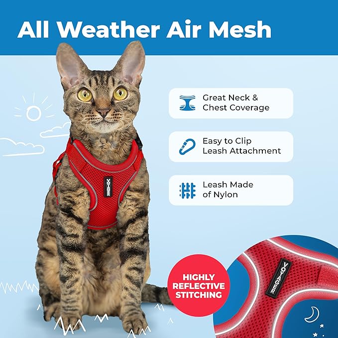 Voyager Escape-Proof Step-in Lock Cat Harness & 5ft Neoprene-Handle Leash Set All-Weather Mesh with Reflective Stitching for Small to Large Cats by Best Pet Supplies, Red (327), S