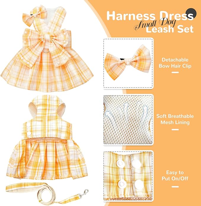 PETCARE Cute Dog Dress Clothes for Small Dogs Cats Girl Female Yellow Plaid Bow Tie Dog Harness Dresses Leash Set with Pearls Bow Accessories Birthday Puppy Dress Shih Tzu Yorkies Chihuahua Outfits