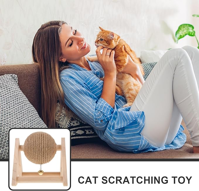 POPETPOP Rabbit Scratching Globe Toy - Natural Wood Sisal Kitten Scratch Ball with Bell Toy, Rabbit Scratching Toy for Indoor Cats, Rabbits Small Animals, Chewing and Grinding Toy