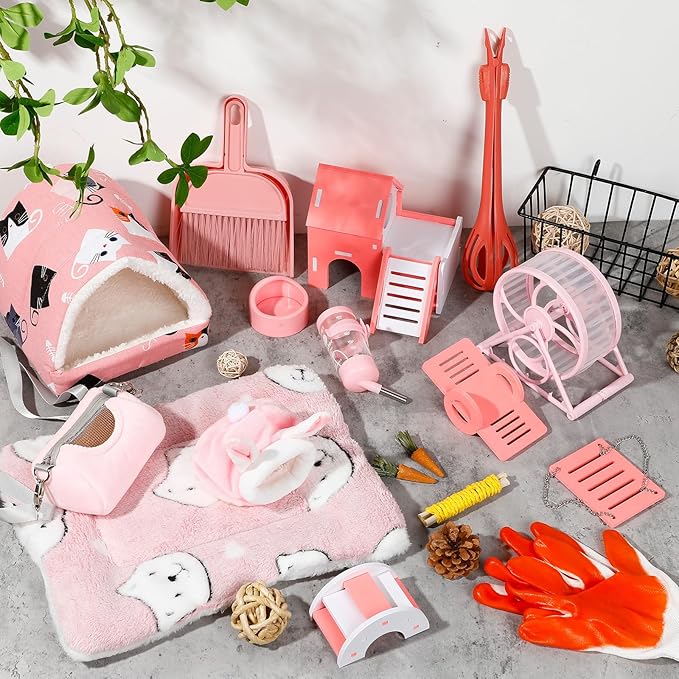 Teenyyou 24 Pcs Small Guinea Pig Starter Kit Essentials for Hamster Cage Accessories Toys House Bed Cage Cleaner Food Bowl Water Holder Carrier Bag Teething Toys Liner Tunnel for Beginner(Pink)