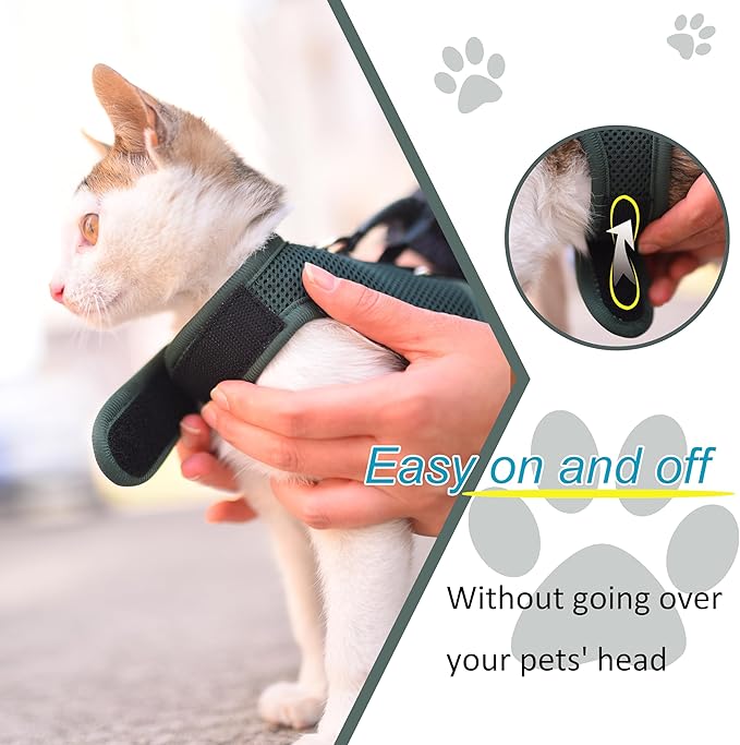 Cat Harness and Leash for Walking Escape Proof Breathable Mesh Fabric, Solid Green, Medium, Adjustable Cat Walking Jackets with Handle, Padded Stylish Cat Vest