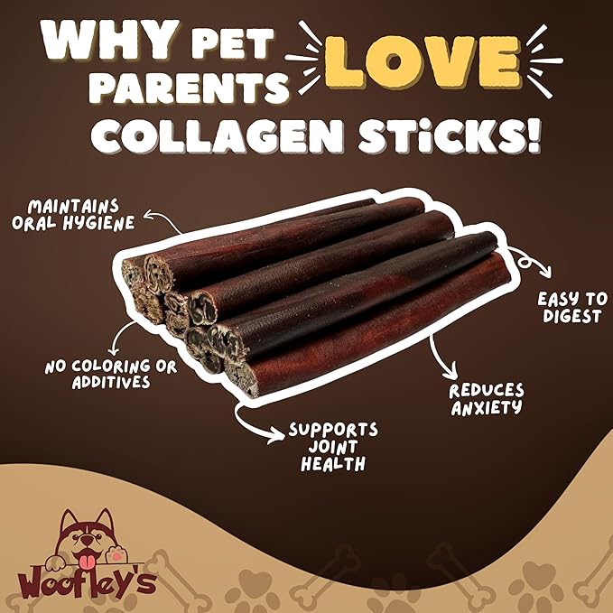 Woofley's 12 Inch Beef Collagen Sticks for Dogs (8 Count) Bully Stick Rawhide Alternative Dog Chews No Hide Bones for Medium & Large Dogs