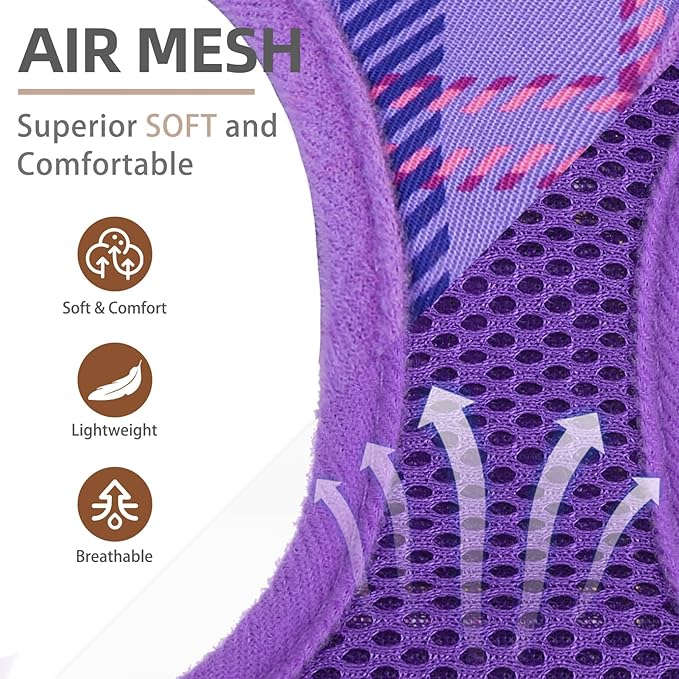 PUPTECK Dog Harness and Leash Set for Small Medium Dogs No Pull Step-in Soft Mesh Puppy Cat Vest Harnesses Reflective at Night, Plaid Pattern Purple L