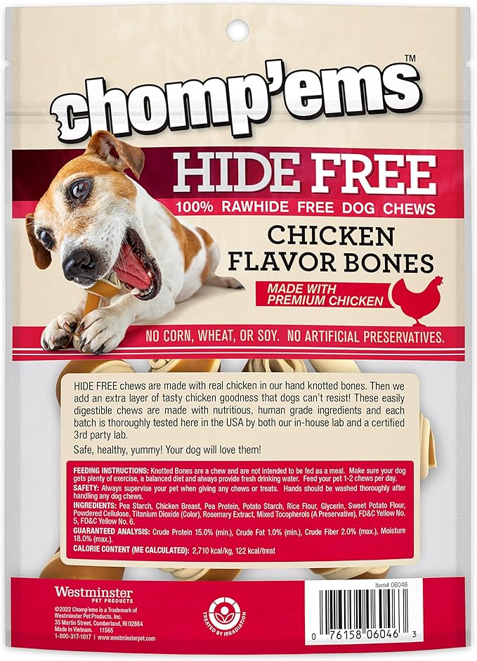 CHOMP 'EMS Chicken Hide Free Dog Chews - Rawhide Free Dog Treats - No Hide Alternative Chew Treat for All Life Stages, Bone, 3.5", 6 Count