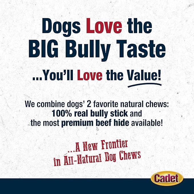 Cadet Bully Hide Sticks for Large Dogs, All-Natural Beef Pizzle, Limited-Ingredient Long-Lasting Dog Chews for Aggressive Chewers, 1 Count (Pack of 2)