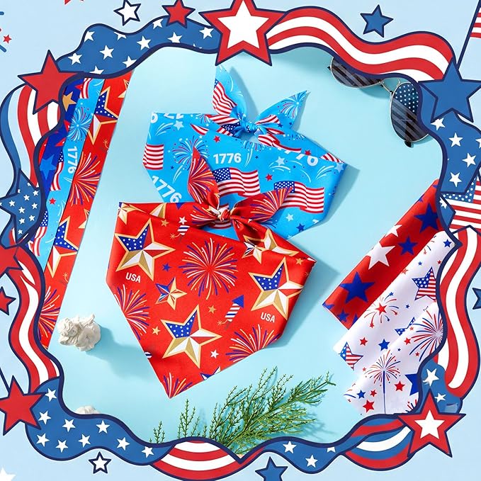 Weewooday 50 Pcs Patriotic Dog Bandanas Bulk Memorial Day Bandanas for Dogs Triangle Scarf Set for 4th of July 1776 Red White and Blue for Small Medium Large Outfit(Star, 25.6 x 17.7 x 17.7 Inch)