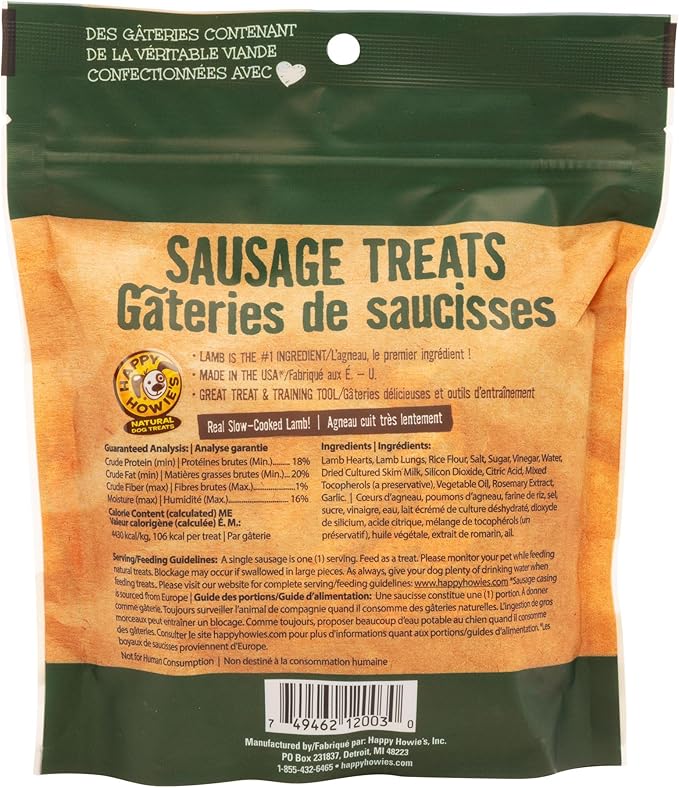 Happy Howie's Sausage Treats - Healthy Dog Treats, Flavorful Slow Cooked Lamb, Natural Ingredients, Chewy Dog Treats, Hormone Free-Lamb, (Pack of 3)