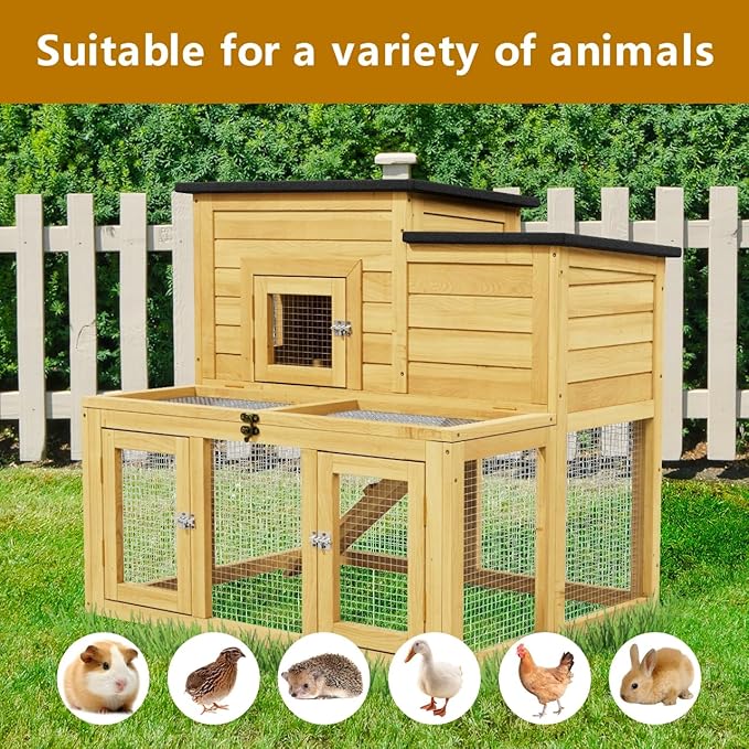 Outdoor Rabbit Hutch for 2-4 Chickens Wooden with Waterproof Asphalt Roof, Ramp, Openable Top Pull-Out Tray Suitable for Suitable for Indoor and Outdoor Use. (Yellow Black)
