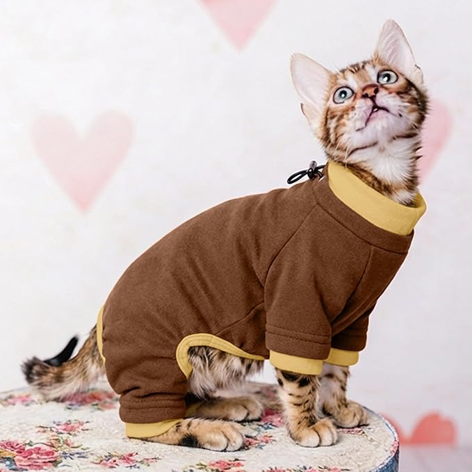 PUMYPOREITY Cat Recovery Suit, Stops Wound Licking After Surgery, Sticky Hair Shirt with Sticky Fabric, Cat Pajamas Prevents Over-Grooming, Brown, XS