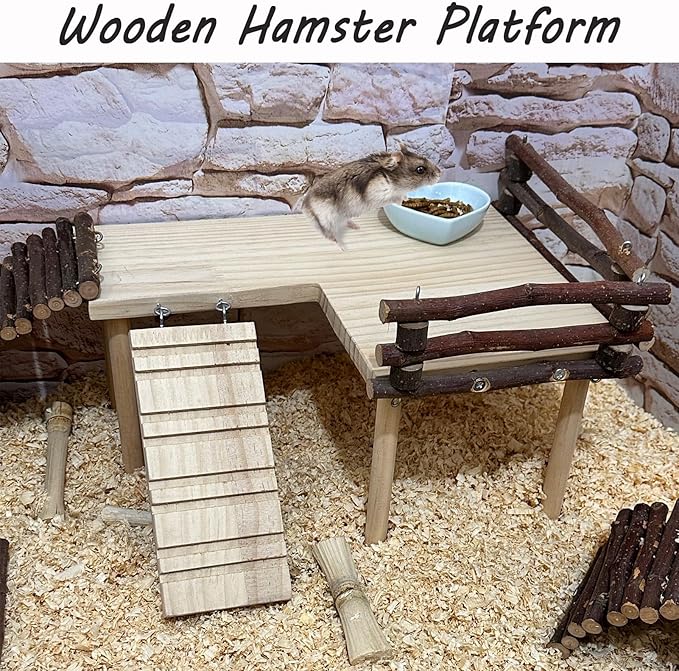 Wooden Hamster Platform with Fence, Large Syrian Hamsters Standing Platforms with Legs Wood Syrian Hamsters Playing Toy Standing Table Gerbil Cage Accessories