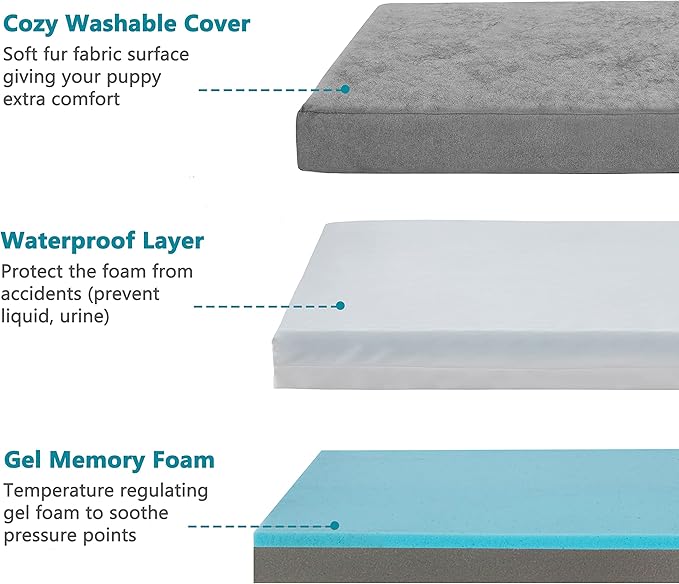 Jumbo Dog Bed for Large Dogs, Orthopedic Memory Foam Pet Bed, Washable Dog Crate Bed with Cooling Gel, Removable Cover & Waterproof Lining