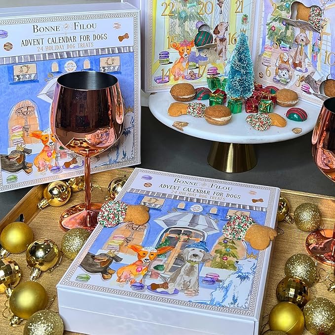 Bonne et Filou 2025 Dog Treats Advent Calendar - 24 Hand Designed Luxury Macarons, Truffles & Bone Cookies Box, Christmas Box for Dogs, Advent Treats for All Breeds (24 Count)