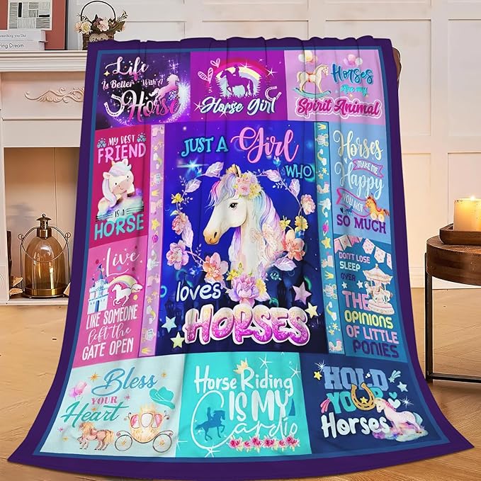 SweetFox Just A Girl Who Loves Horses Blanket, Horse Decor Throw Blanket Gifts for Girls Boys Lovers Super Warm Soft Plush Fleece Flannel Winter Bedding Blankets for Kids Adults Men Women 50"X40"