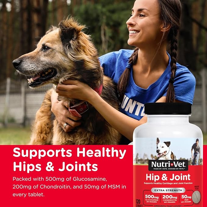 Nutri-Vet Extra Strength Hip & Joint Supplement for Dogs, Puppy Supplements, Dog Joint Supplement, Contains 500mg of Glucosamine, 200mg of Chondroitin, 50mg of MSM, Puppy Essentials, 120 Tablets