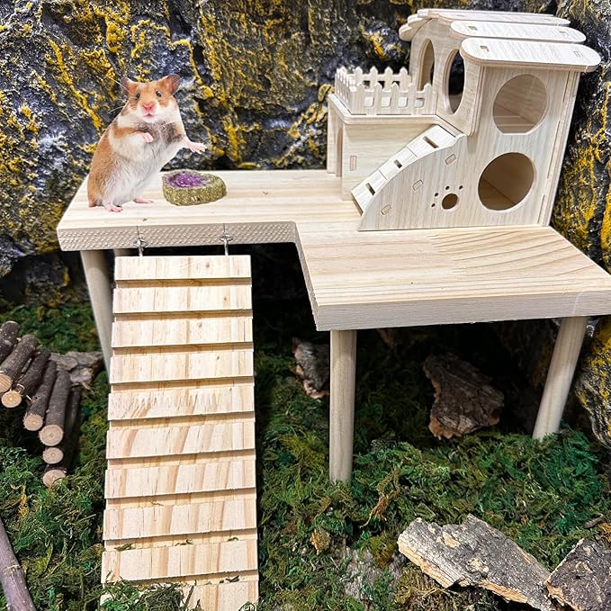 Wooden Hamster Platform with Legs, Large Syrian Hamsters Climbing Platforms with Ramp Kit Wood Ladder Bridge Rat Playing Toy Standing Table Gerbil Cage Accessories
