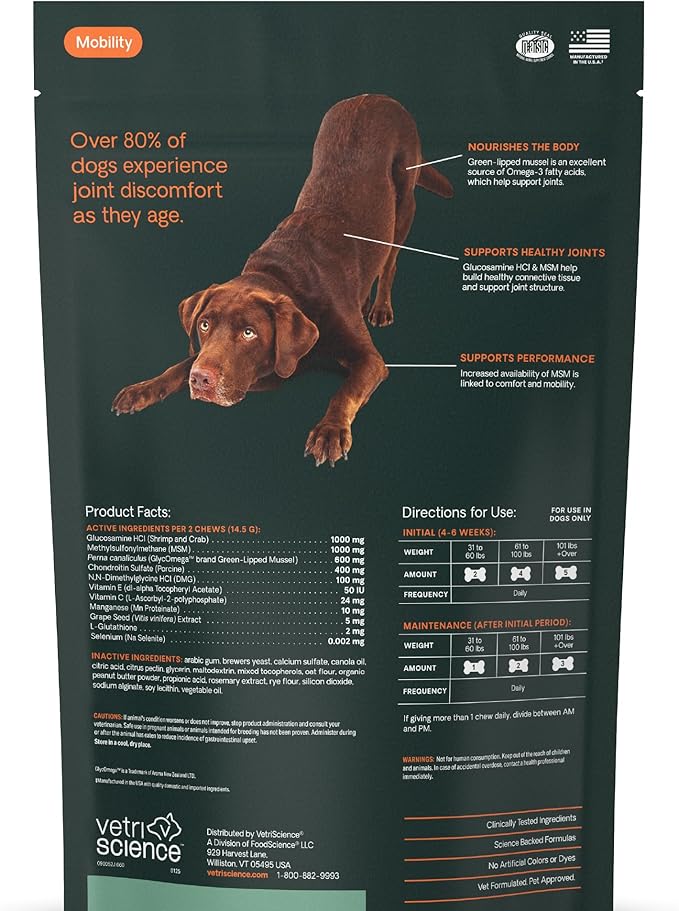 VetriScience GlycoFlex Ultimate Strength Healthy Hip and Joint – Mobility Supplement with Glucosamine for Dogs, MSM & Green Lipped Mussel, Peanut Butter, 60 Count