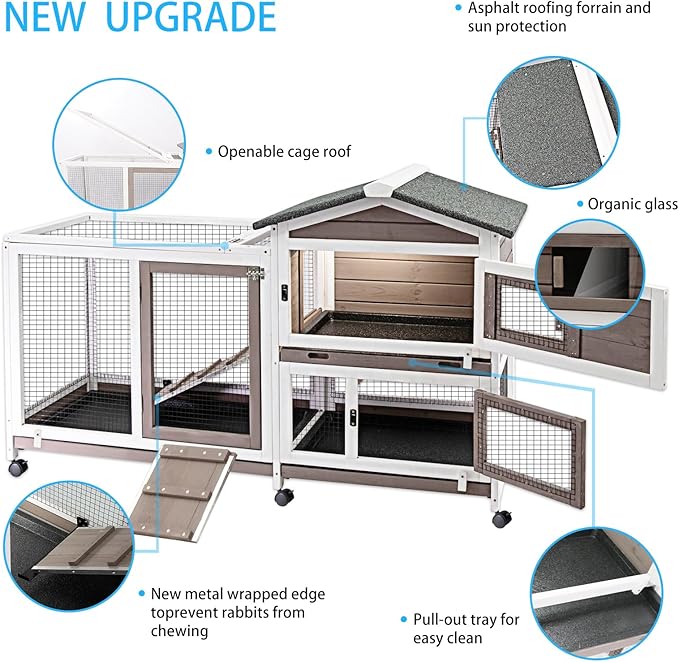 Ketive Rabbit Hutch Indoor Outdoor Two Story Bunny Hutch with Wheels Guinea Pig Cage with Removable No Leaking Tray Wooden Pet House