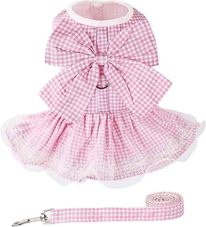 Dog Dress Plaid with Bowknot Cute Dress for Small Dog Cat Puppy Outfits with Harness Leash（ Pink，X-Small ）