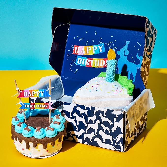 Thoughtfully Pets Dog Birthday Cake and Plush Toy Set, Mini Cookie Cake Treat with Birthday Banner Decoration, Puppy Party Celebration Gift, Hand Decorated Hollow Biscuit Treat for Dogs