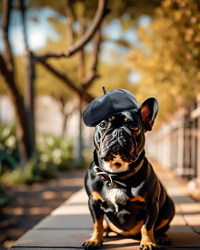 PET SHOW Dog Beret Hat for Small Dogs Cats Party Holiday Headband Cap French Leather Berets with Adjustable Chin Strap Cute Fashion Puppy Hats Pets Costumes Accessories(Black,S)