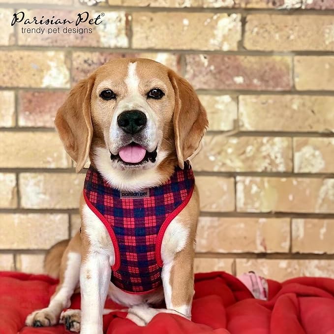 Parisian Pet Red Plaid Dog Harness - Breathable No Pull Puppy Harness with Leash Ring - Adjustable Harnesses for Dogs - Soft Padded Step-in Pet Vest - Lightweight Dog Vests for Large Dogs