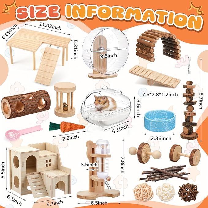 40 Pcs Hamster Cage Accessories, 9.5'' Exercise Wheel, Wood Platform Hideout House, Water Bottle, Sand Bath, Bowl, Chew Toy for Syrian Hamsters Mice Gerbils Habitat Decor (Natural Style)