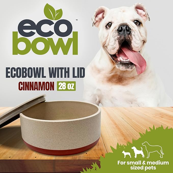 Palz&Co EcoBowl with Lid for Dogs & Cats, 28 oz Cinnamon - Natural Bamboo Pet Bowl with Non-Slip Base, Pet Food and Water Dish, Dishwasher Safe