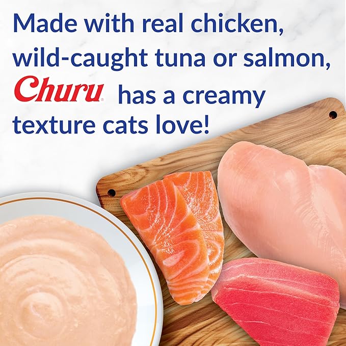INABA Churu Cat Treats, Lickable, Squeezable Creamy Purée Cat Treat with Green Tea Extract & Taurine, 0.5oz. Each Tube, 40 Tubes, Chicken & Seafood Variety