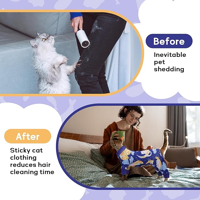 PUMYPOREITY Cat Hair Sticky Sweater, Stretchy 4-Leg Design for Fur Control, Recovery Suit - Breathable & Lightweight for Post-Surgery Protection, Cat Onsie Prevents Licking Wounds, Blue, XL