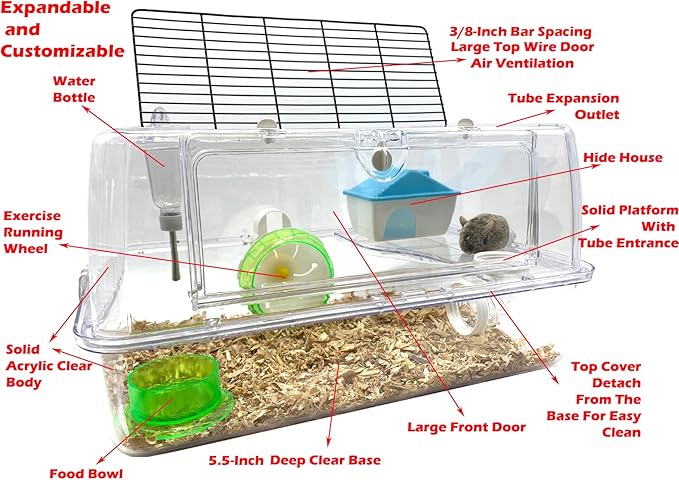 2-Tiers Acrylic Clear Hamster Mouse Deluxe Palace House Habitat with Large Running Wheel Water Bottle Tower Food Bowl Hide House Deep Base Ground Expansion Outlet